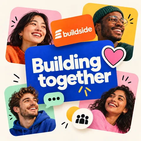 Buildside founders building together in a colorful social community collage